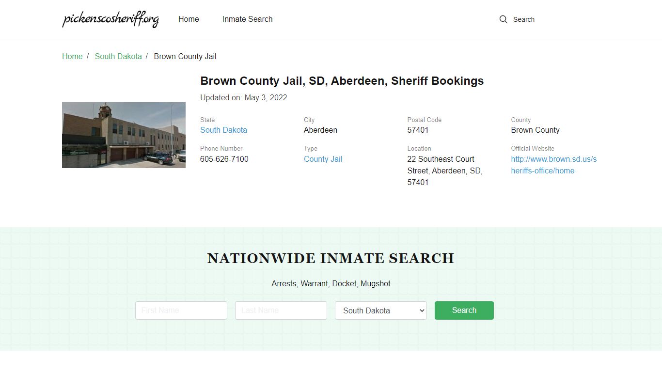 Brown County Jail, SD, Aberdeen, Sheriff Bookings